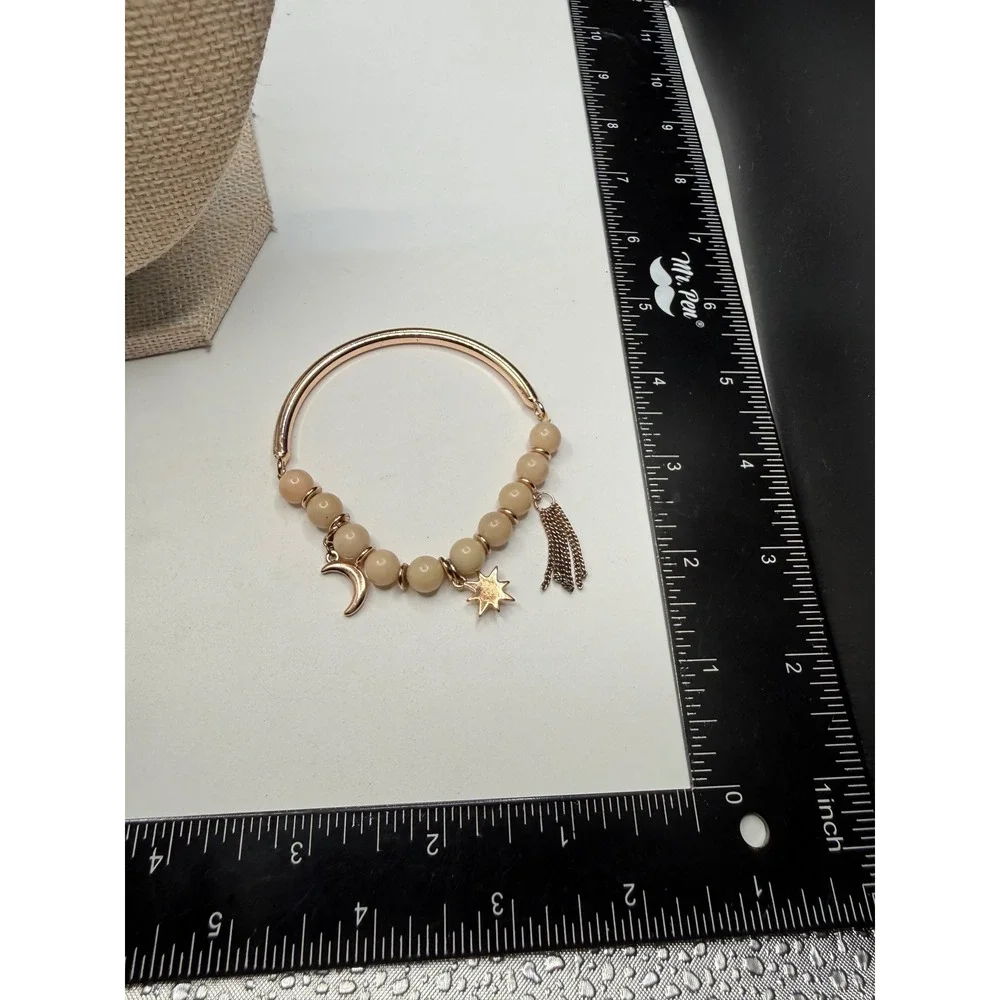 Rose Gold Celestial Charm Bracelet Moon Star Tassel Cream Beaded Stretch Bangle‎